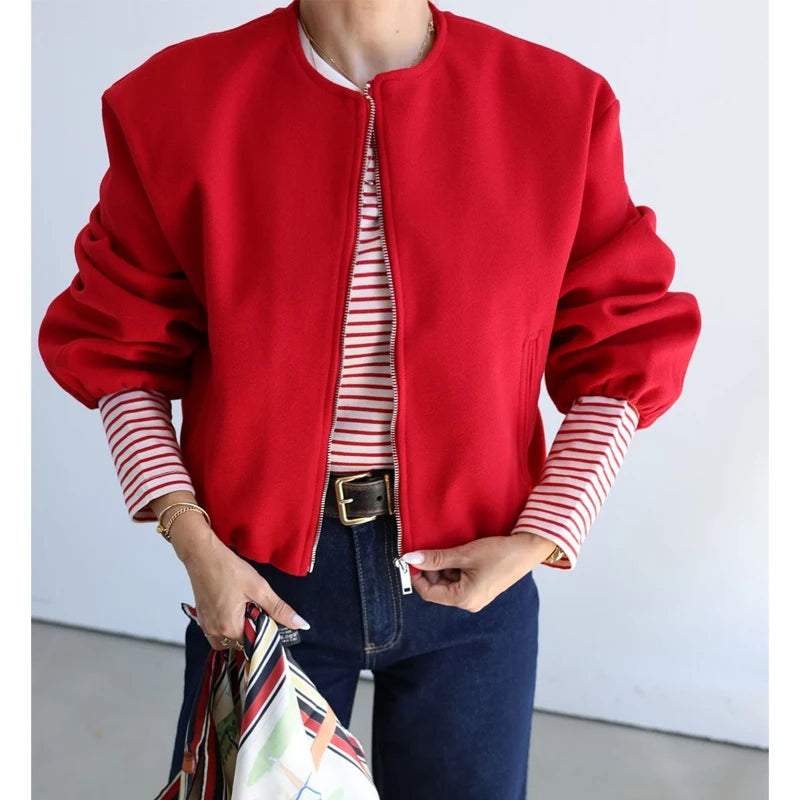 FARRUCCI Women’s Cropped Bomber Jacket 2025 | Front Zipper, Long Sleeve, Soft Sports-Inspired Luxury Outerwear Old Money Style