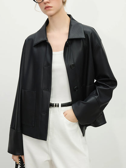 FARRUCCI Women’s Retro Single-Breasted PU Leather Jacket Short Spring 2025 | Luxury Versatile Casual