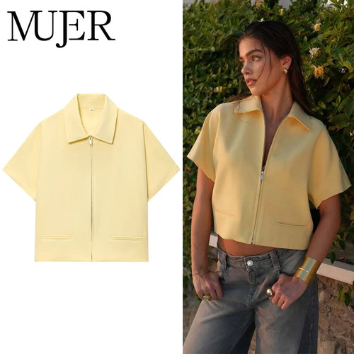 FARRUCCI Women’s Cropped Zipper Jacket | Varsity Style, Short Sleeve — 2025 Collection