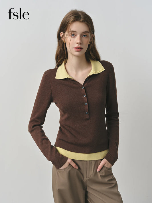 FARRUCCI Women’s Color Block Knitted Sweater Barenia Style | Faux Two-Piece Turn Collar — Autumn 2025 Collection