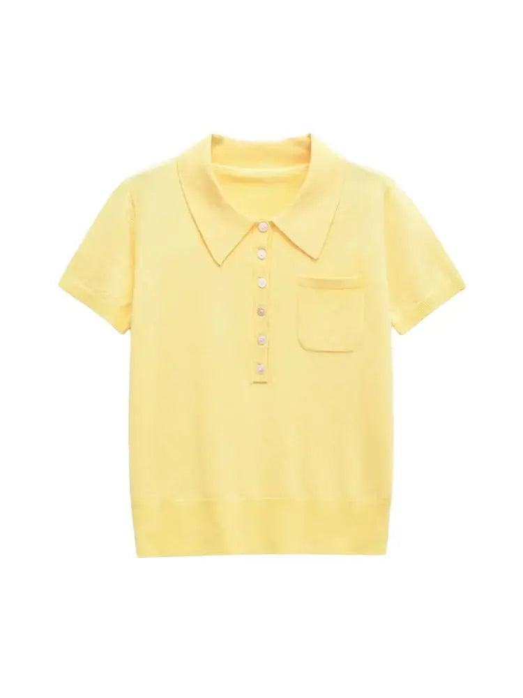 TRZA Women's Fashion Front Button Knit Sweater Polo Collar Short Sleeve Female Pullover Chic Top