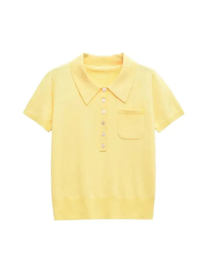 TRZA Women's Fashion Front Button Knit Sweater Polo Collar Short Sleeve Female Pullover Chic Top
