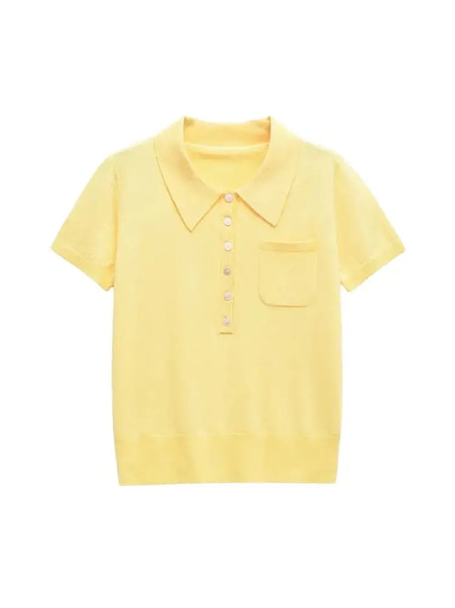 TRZA Women's Fashion Front Button Knit Sweater Polo Collar Short Sleeve Female Pullover Chic Top