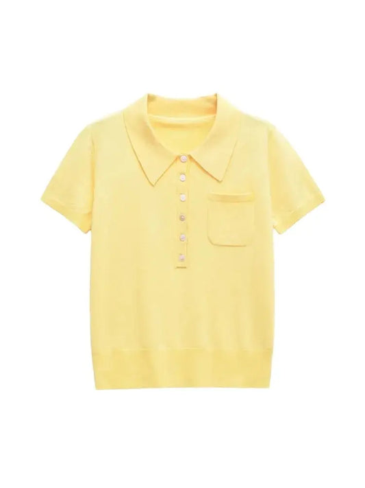 TRZA Women's Fashion Front Button Knit Sweater Polo Collar Short Sleeve Female Pullover Chic Top