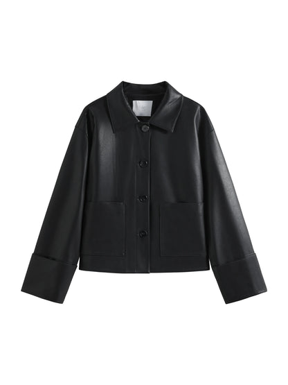 FARRUCCI Women’s Retro Single-Breasted PU Leather Jacket Short Spring 2025 | Luxury Versatile Casual