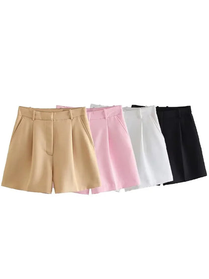 FARRUCCI Women’s High Waist Pleated Shorts Summer 2025 | Black, White & Pink | Luxury Old Money Casual Style