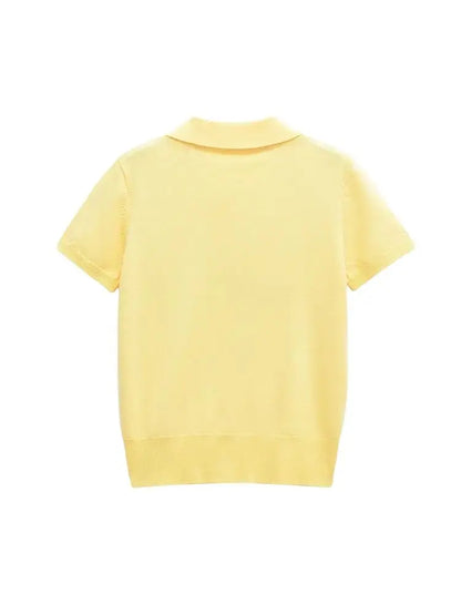 TRZA Women's Fashion Front Button Knit Sweater Polo Collar Short Sleeve Female Pullover Chic Top