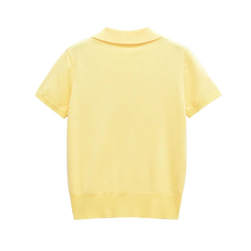 TRZA Women's Fashion Front Button Knit Sweater Polo Collar Short Sleeve Female Pullover Chic Top