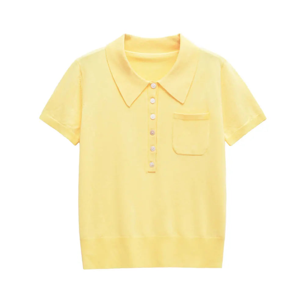 TRZA Women's Fashion Front Button Knit Sweater Polo Collar Short Sleeve Female Pullover Chic Top
