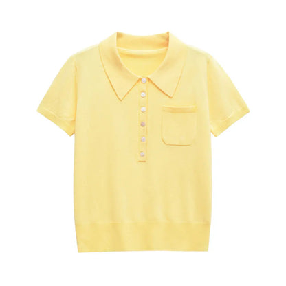 TRZA Women's Fashion Front Button Knit Sweater Polo Collar Short Sleeve Female Pullover Chic Top