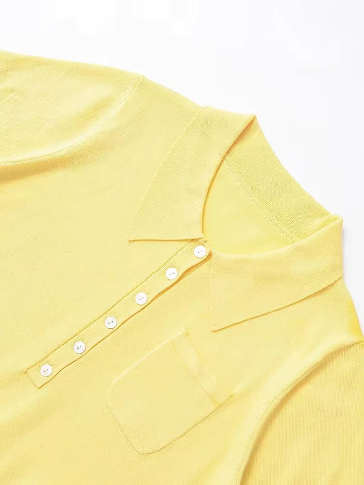 TRZA Women's Fashion Front Button Knit Sweater Polo Collar Short Sleeve Female Pullover Chic Top