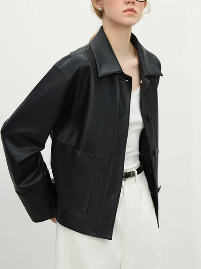FARRUCCI Women’s Retro Single-Breasted PU Leather Jacket Short Spring 2025 | Luxury Versatile Casual