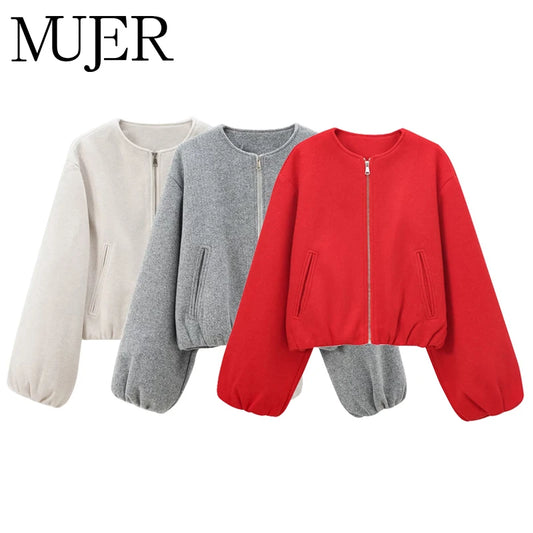 FARRUCCI Women’s Cropped Bomber Jacket 2025 | Front Zipper, Long Sleeve, Soft Sports-Inspired Luxury Outerwear Old Money Style