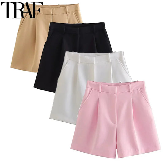 FARRUCCI Women’s High Waist Pleated Shorts Summer 2025 | Black, White & Pink | Luxury Old Money Casual Style